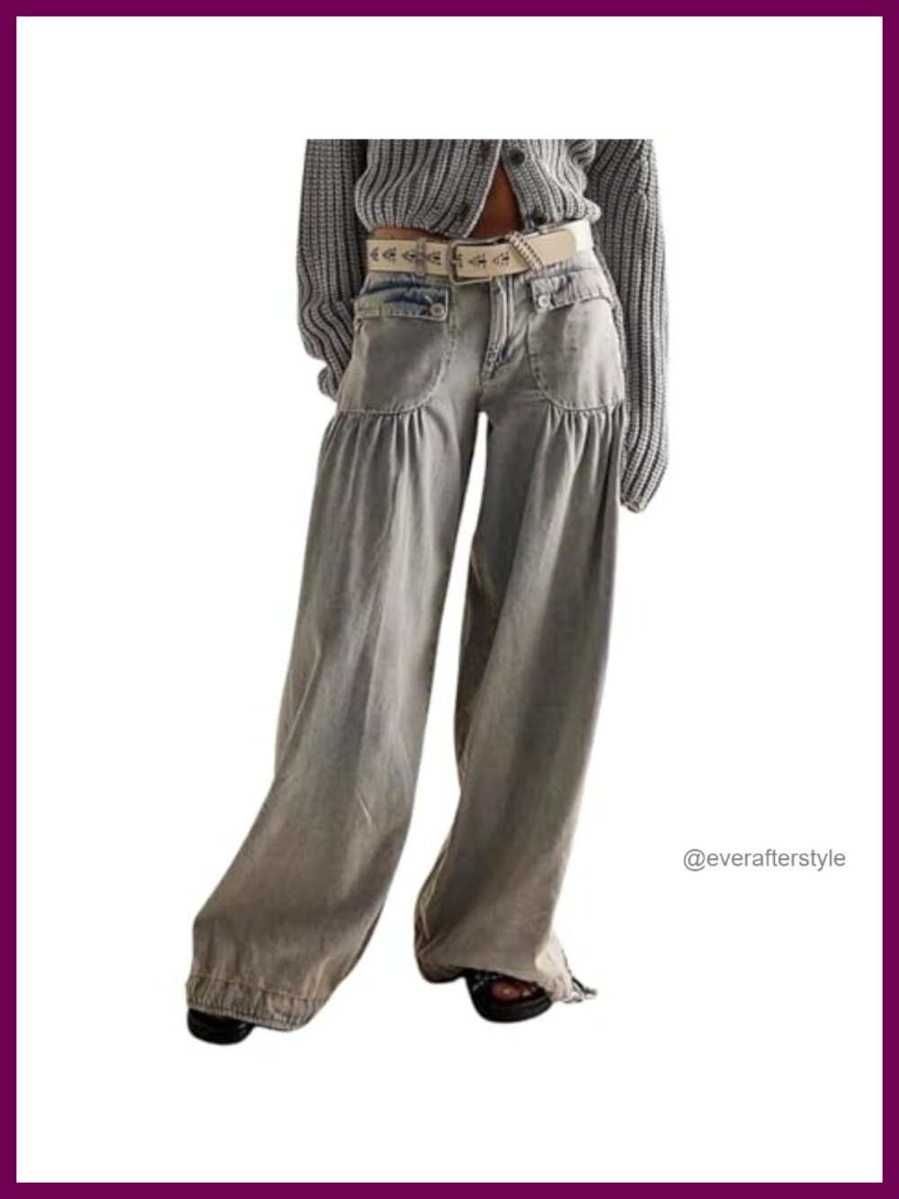 Women's Boyfriend Baggy Wide Leg Pleated Denim Jeans Drawstring Bottom